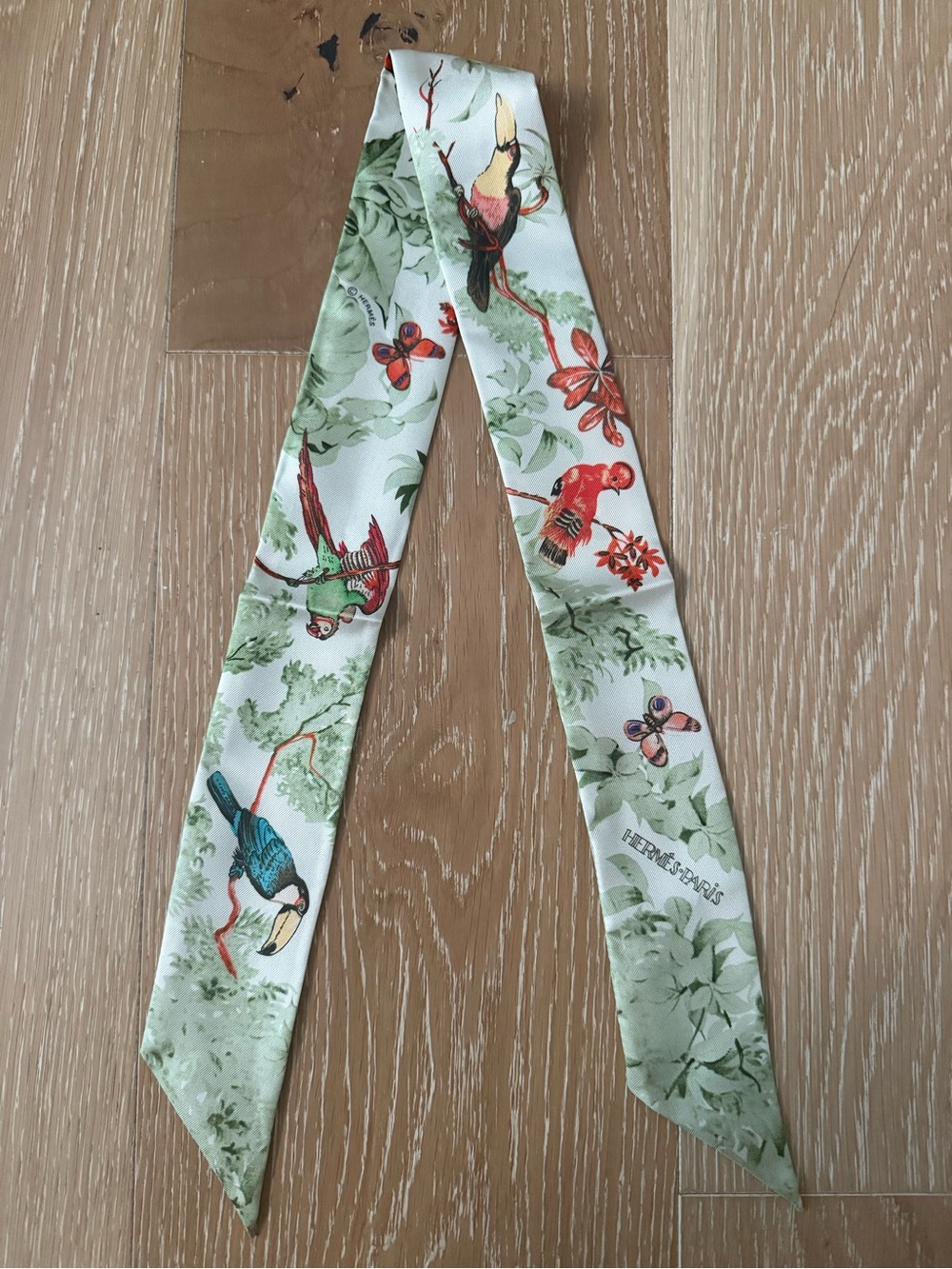 Hermes 100% silk scarf Silk Equateur Twilly Creme Vert Multicolore